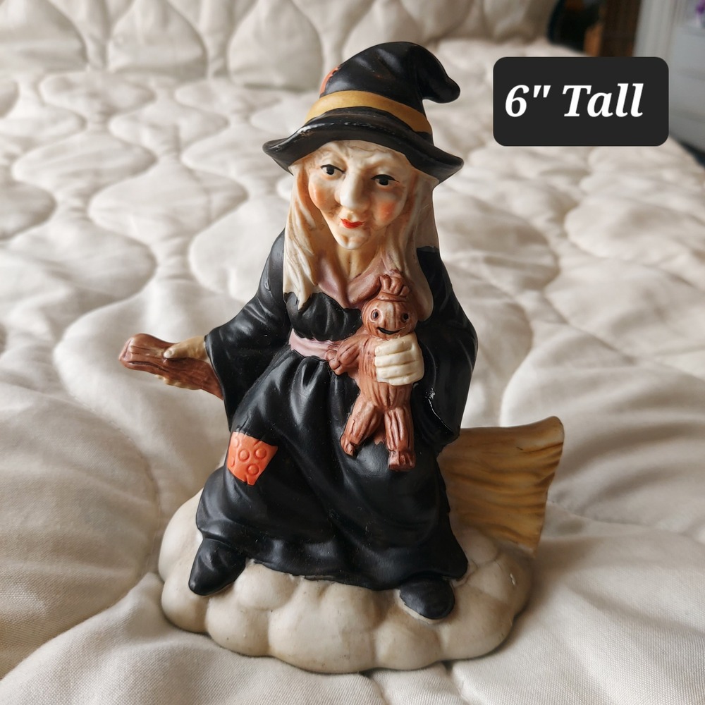 Vintage Brinns Ceramic Witch Figurine Halloween Decor Broomstick Voodoo Doll 6in - Picture 2 of 6